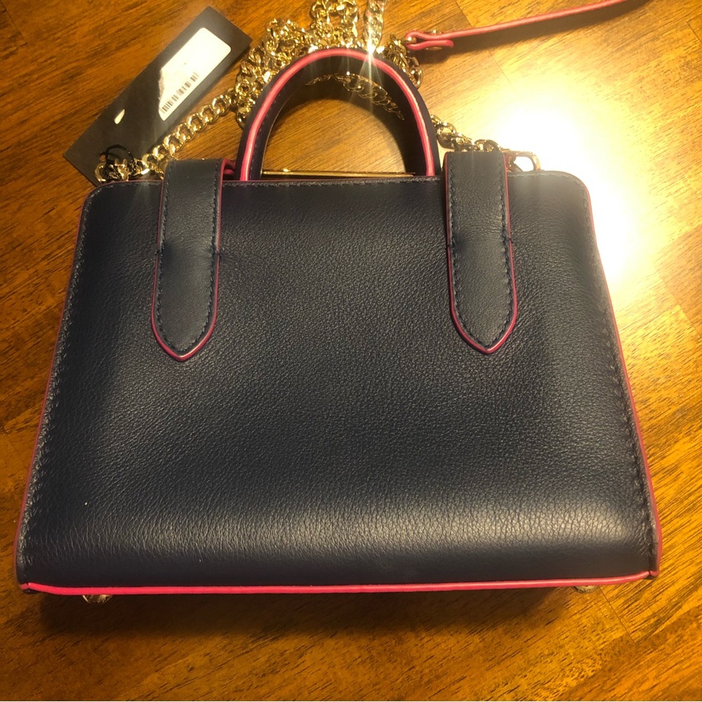 Strathberry Navy Leather Mini Top-Handle Crossbody with Pink Trim - Picture 8 of 16